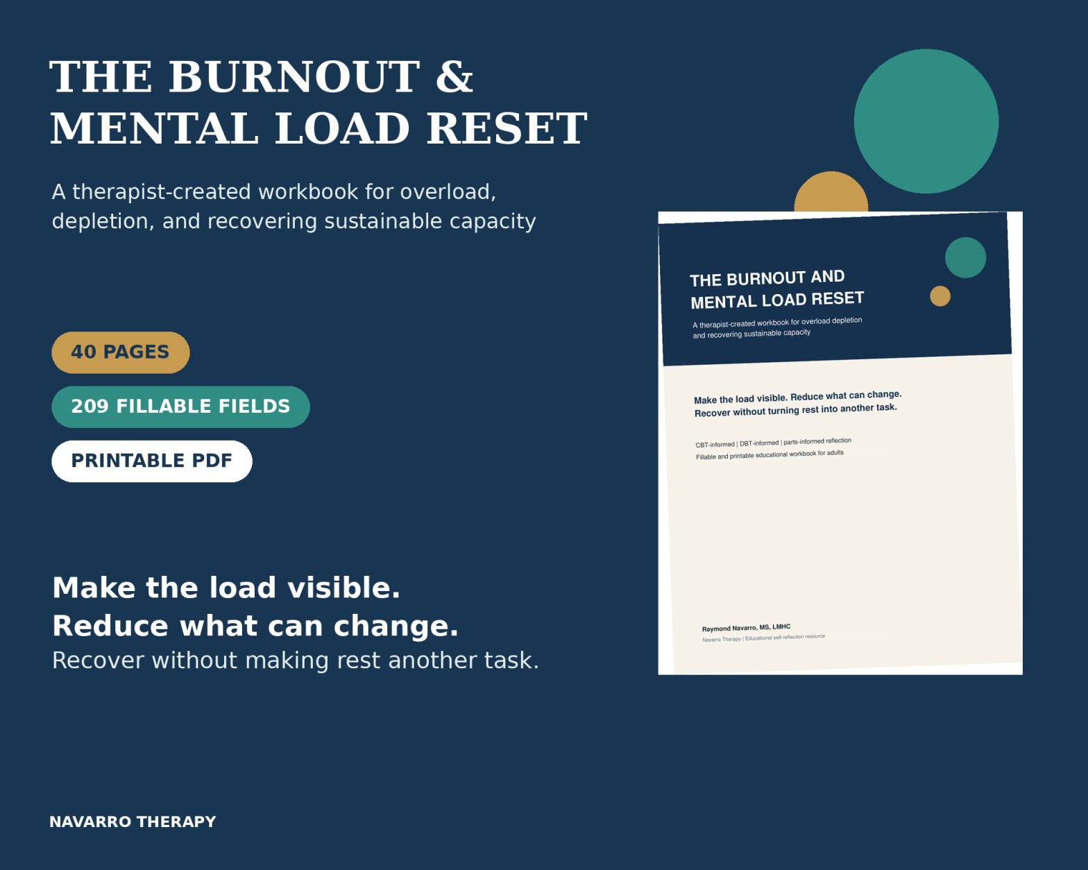 The Burnout and Mental Load Reset workbook cover with 40 pages, 209 fillable fields and printable PDF details.