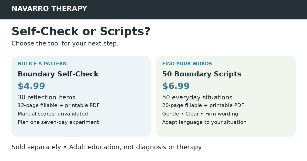Comparison of the separate Boundary Self-Check ($4.99, 12 pages, 30 reflection items, manual unvalidated scores) and 50 Boundary Scripts ($6.99, 20 pages, Gentle, Clear and Firm wording). Adult education, not diagnosis or therapy.