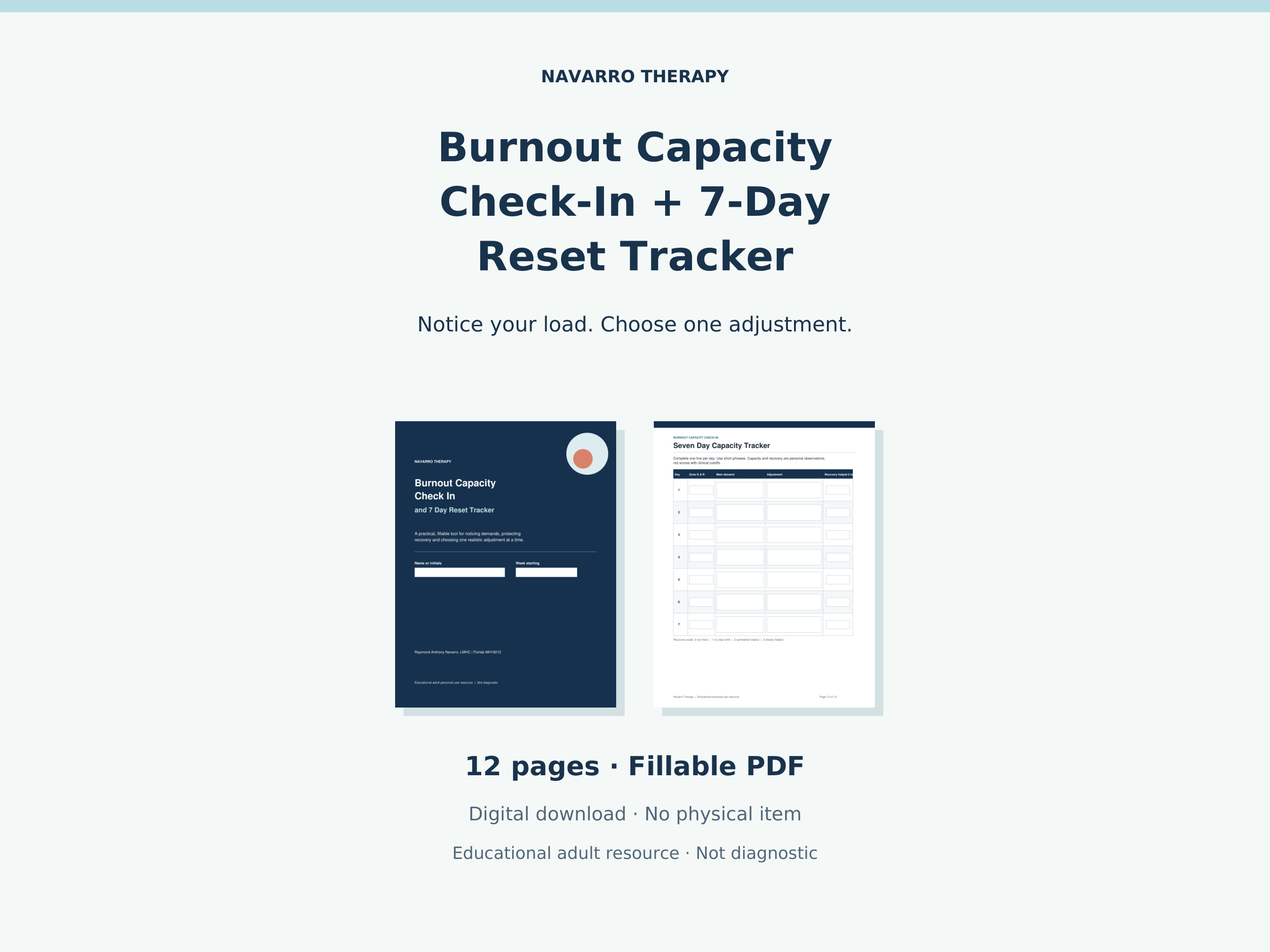 Navarro Therapy Burnout Capacity Check-In and 7-Day Reset Tracker cover and seven-day tracking page. Twelve-page fillable PDF for adult educational reflection; not diagnostic.