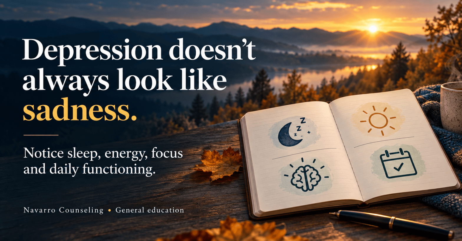 Autumn sunrise graphic reading “Depression doesn’t always look like sadness.” An open notebook uses simple symbols for sleep, energy, focus and daily routine. The graphic encourages noticing changes in everyday functioning and is labeled Navarro Counseling, general education.