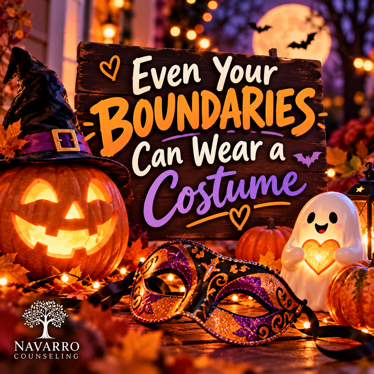 Festive Halloween scene with jack-o’-lantern, ghost, masquerade mask, and headline Even Your Boundaries Can Wear a Costume.