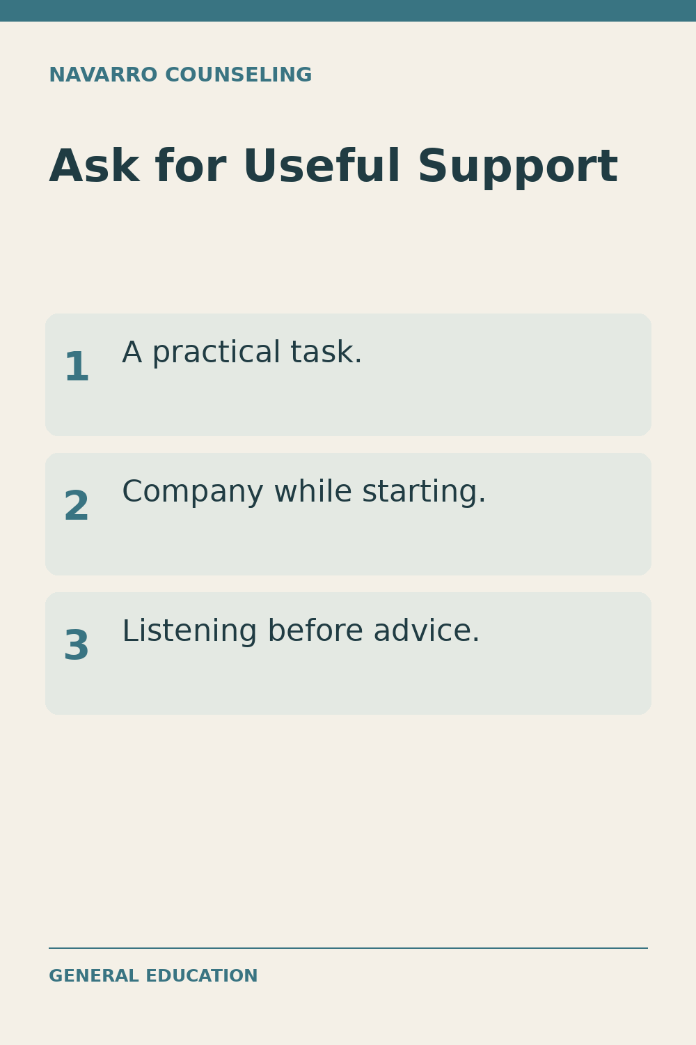 Ask for Useful Support. A practical task. Company while starting. Listening before advice. General education.