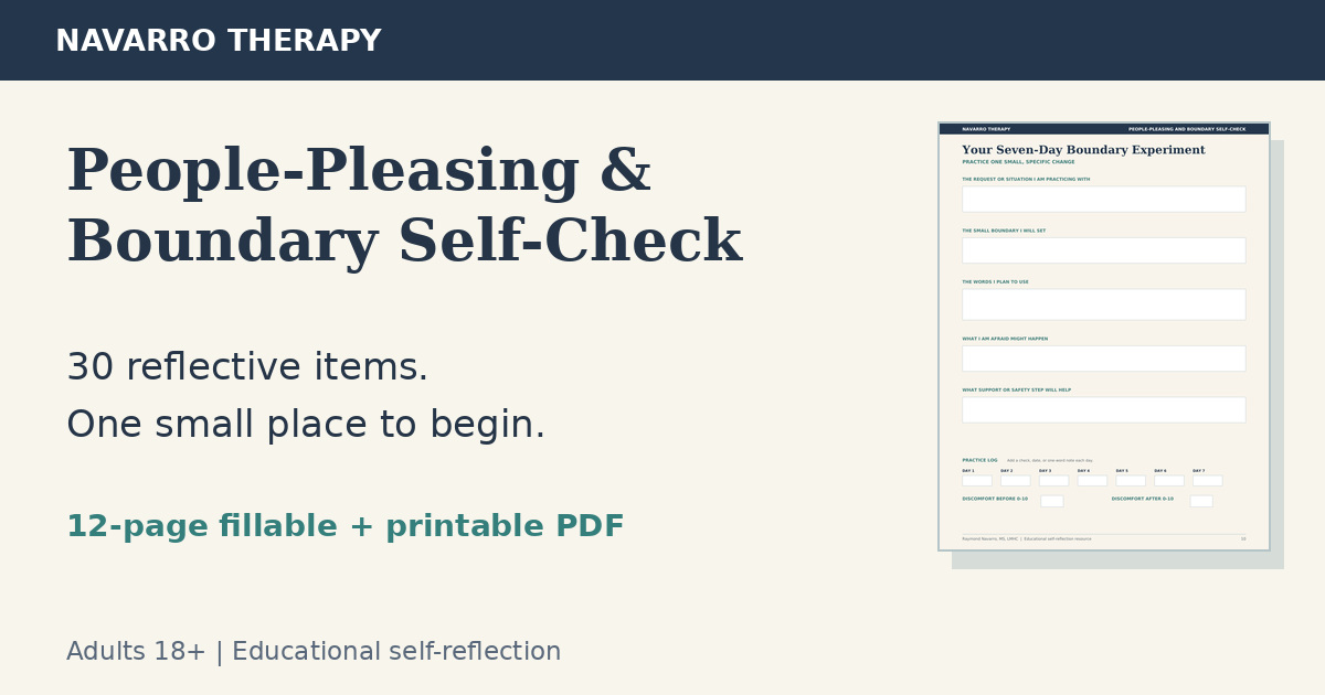 People-Pleasing and Boundary Self-Check for adults, with an actual preview of the seven-day boundary experiment page.